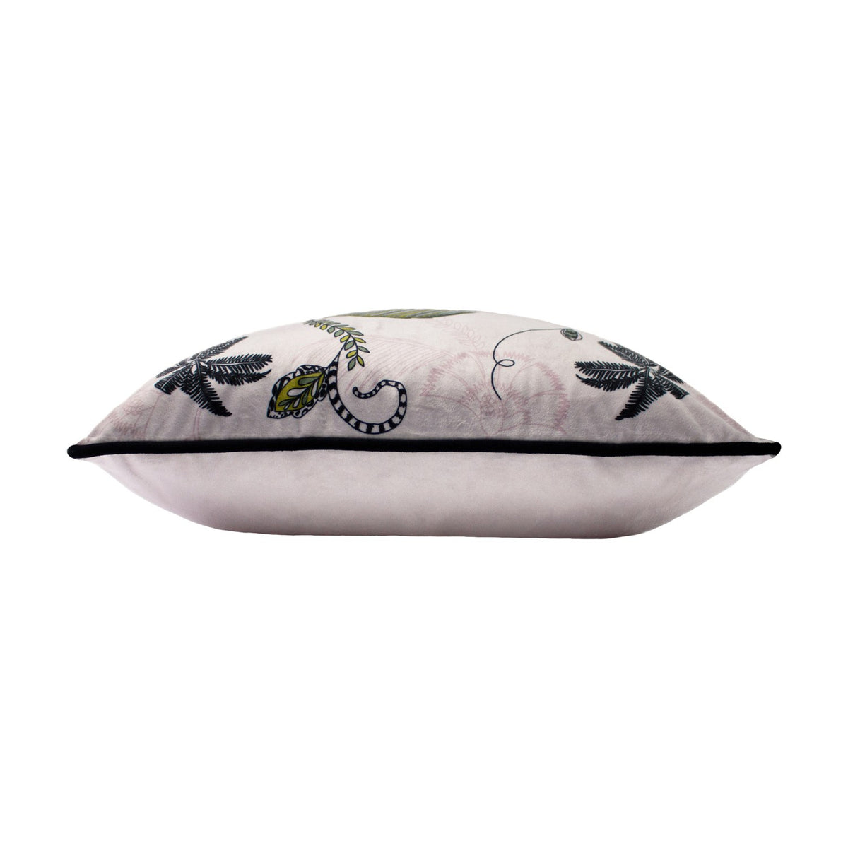 Side view of the Tropica Cheetah Animal Velvet Cushion in blush pink velvet, showing black piped edging and botanical foliage design along the top edge, on a plain white background.