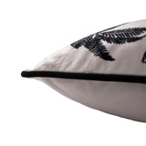 Corner view of the Tropica Cheetah Animal Velvet Cushion in blush, showing black piped edging and velvet fabric against a plain white background.