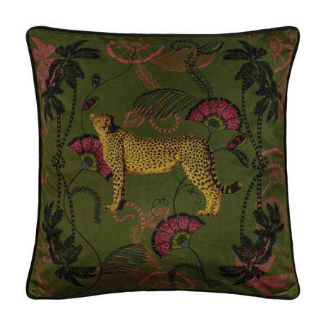 Tropica Cheetah Animal Velvet Cushion in khaki green, 45 x 45cm, featuring a printed cheetah among palm trees and pink and gold foliage with black piping, on a white background.