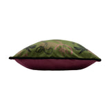 Side view of the Tropica Cheetah Animal Velvet Cushion, showing khaki green printed velvet front with foliage detail and plain deep red velvet reverse, edged with black piping on a white background.