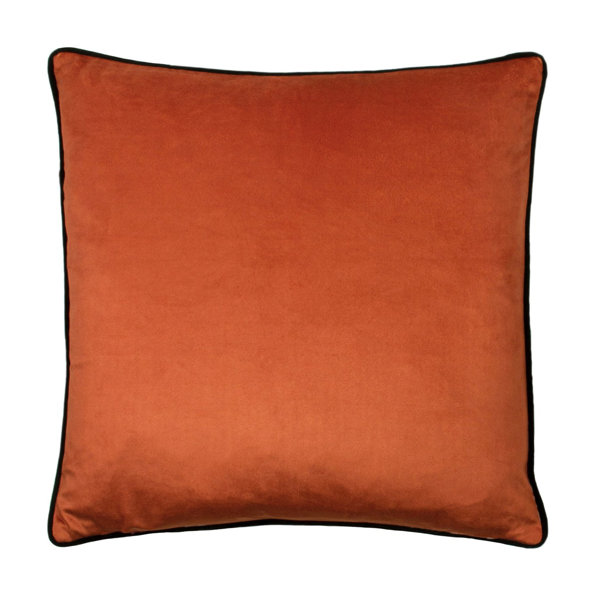 Tropica Cheetah Animal Velvet Cushion showing the plain rust-orange reverse side with black piped edging, square shape, on a white background.