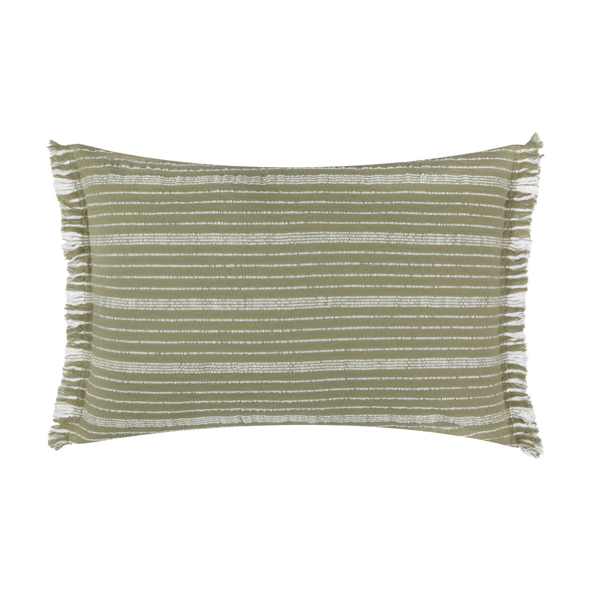 Tide Striped Cotton Cushion in moss green, a rectangular lumbar cushion with textured horizontal stripes and fringed edge trim, shown on a plain white background.