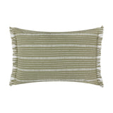 Tide Striped Cotton Cushion in moss green, a rectangular lumbar cushion with textured horizontal stripes and fringed edge trim, shown on a plain white background.