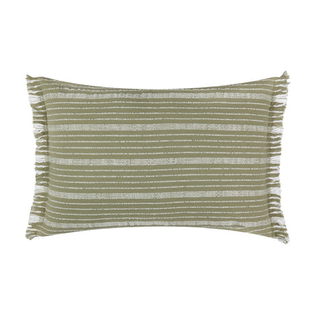 Tide Striped Cotton Cushion in moss green, a rectangular lumbar cushion with textured horizontal stripes and fringed edge trim, shown on a plain white background.