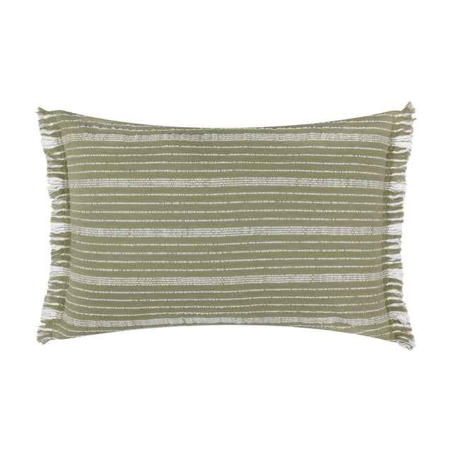 Tide Striped Cotton Cushion in moss green, a rectangular lumbar cushion with textured horizontal stripes and fringed edge trim, shown on a plain white background.