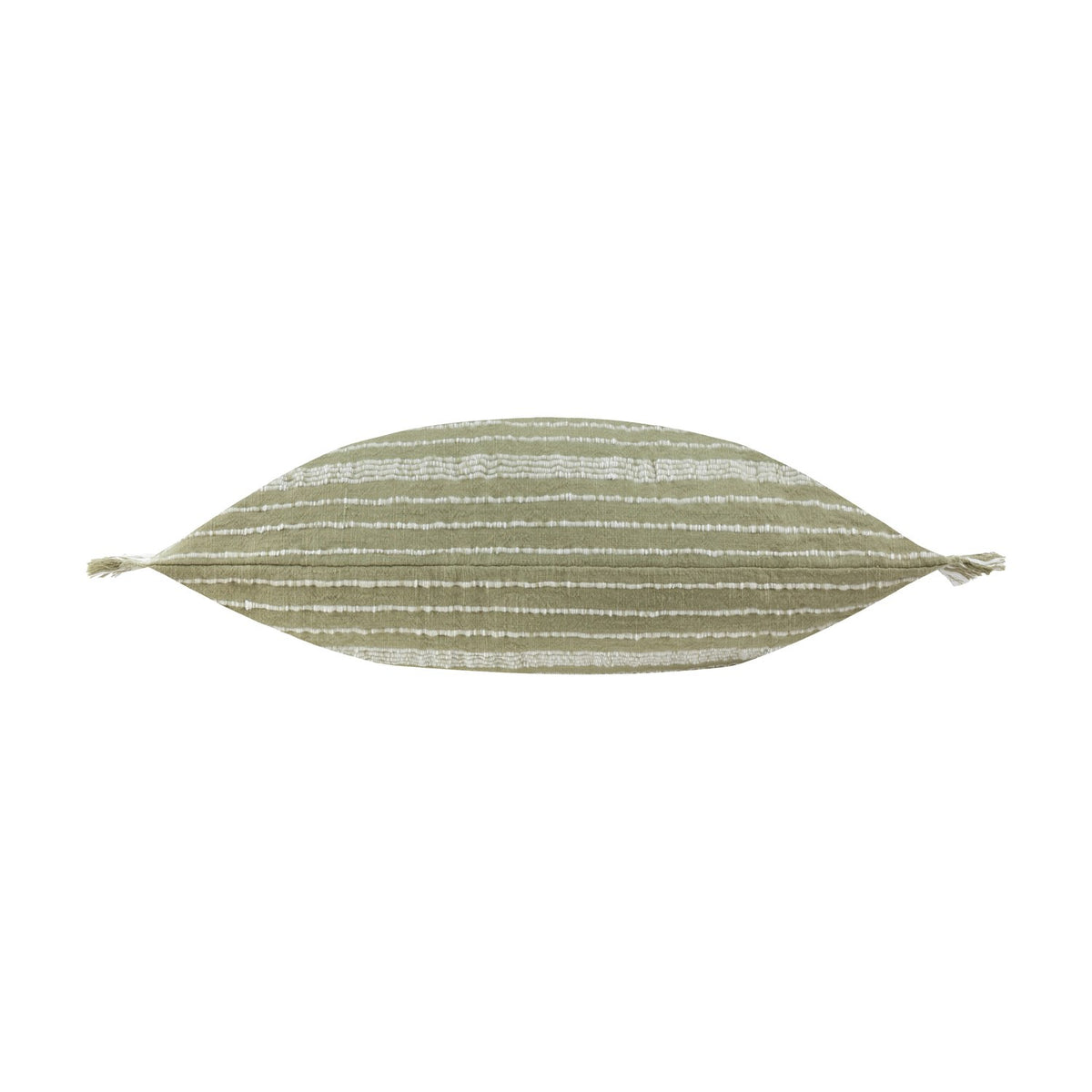 Tide Striped Cotton Cushion in moss green, rectangular lumbar shape with textured horizontal stripes and fringed corner tassels, shown on a plain white background.