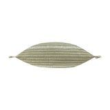 Tide Striped Cotton Cushion in moss green, rectangular lumbar shape with textured horizontal stripes and fringed corner tassels, shown on a plain white background.