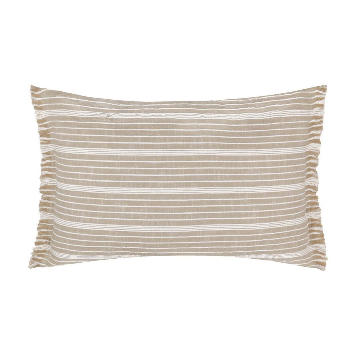 Tide Striped Cotton Cushion in natural sandy beige with fine white woven stripes and a ruffled fringe edge, shown rectangular against a plain white background.
