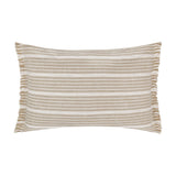 Tide Striped Cotton Cushion in natural sandy beige with fine white woven stripes and a ruffled fringe edge, shown rectangular against a plain white background.