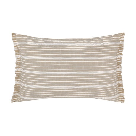 Tide Striped Cotton Cushion in natural sandy beige with fine white woven stripes and a ruffled fringe edge, shown rectangular against a plain white background.