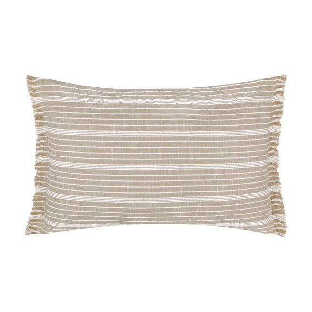 Tide Striped Cotton Cushion in natural sandy beige with fine white woven stripes and a ruffled fringe edge, shown rectangular against a plain white background.