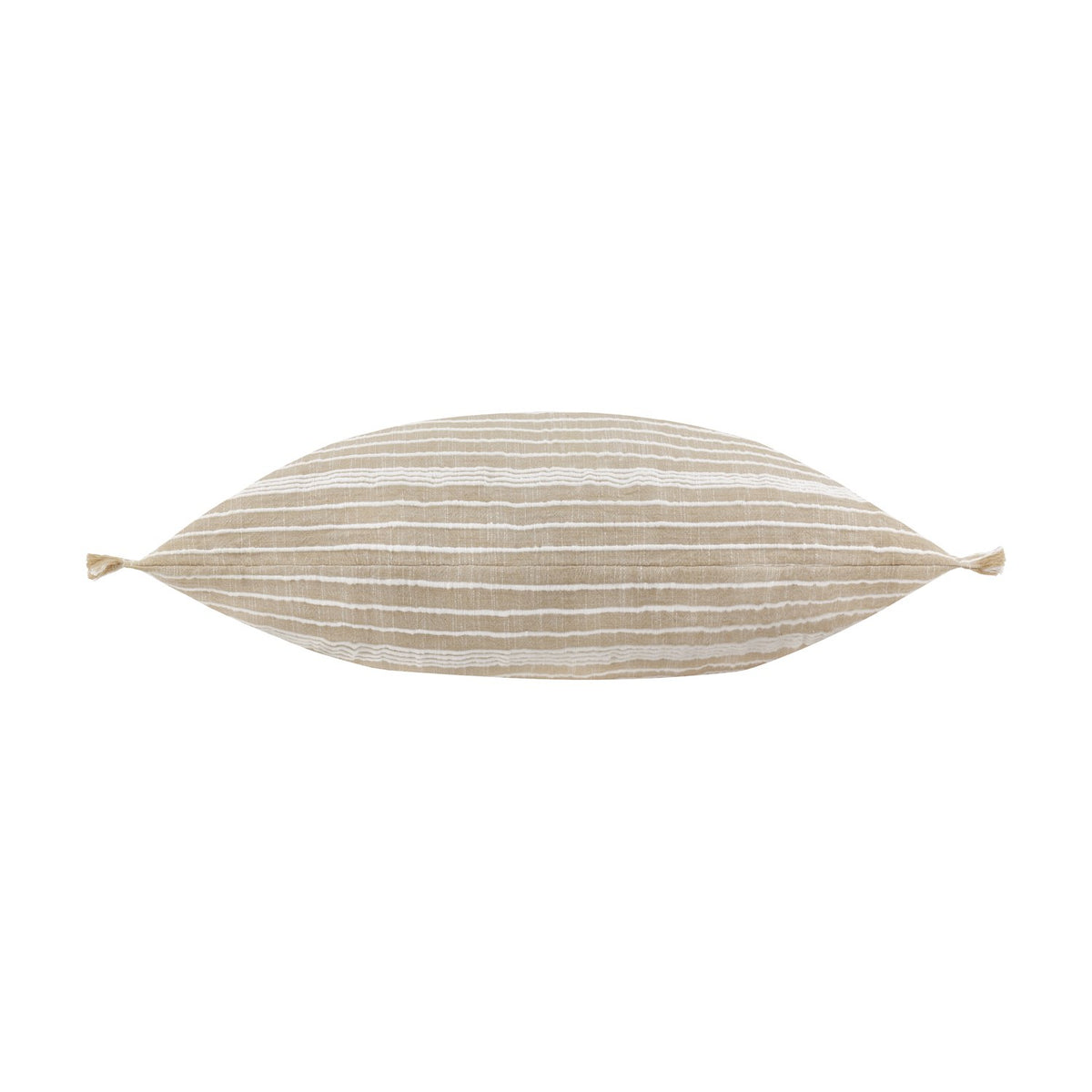 Tide Striped Cotton Cushion in natural sandy beige with fine white stripes, shown lengthways with tasselled corners on a plain white background.