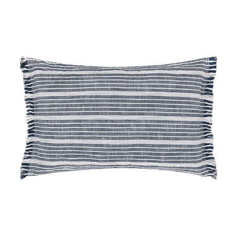 Tide Striped Cotton Cushion in navy and white, rectangular with woven stripes and fringed edges, shown on a plain white background.