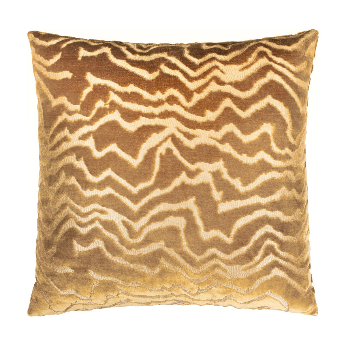 Tierra Abstract Velvet Cushion in brass gold, square shape with a wandering zigzag pattern in cut velvet pile, shown on a plain white background.