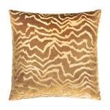 Tierra Abstract Velvet Cushion in brass gold, square shape with a wandering zigzag pattern in cut velvet pile, shown on a plain white background.