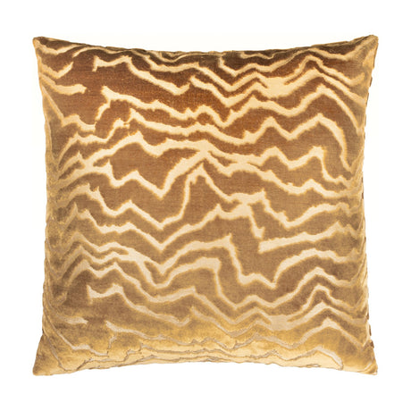 Tierra Abstract Velvet Cushion in brass gold, square shape with a wandering zigzag pattern in cut velvet pile, shown on a plain white background.