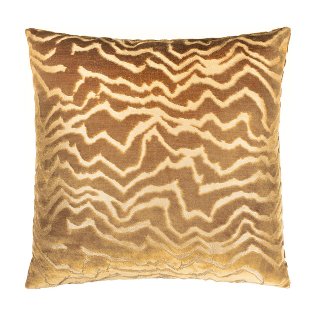 Tierra Abstract Velvet Cushion in brass gold, square shape with a wandering zigzag pattern in cut velvet pile, shown on a plain white background.