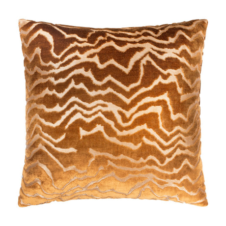 Tierra Abstract Velvet Cushion in bronze, a 50cm square cut-velvet design with a marbled zigzag pattern in warm russet brown and pale gold tones, shown on a plain white background.