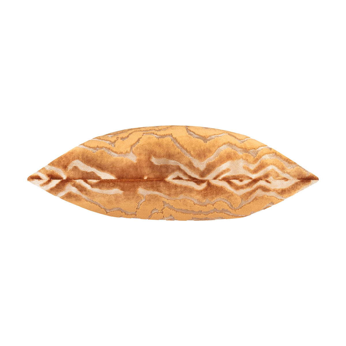 Tierra Abstract Velvet Cushion in bronze, a 50cm square cut-velvet cushion with marbled pattern in warm russet-brown tones, shown side-on on a plain white background.