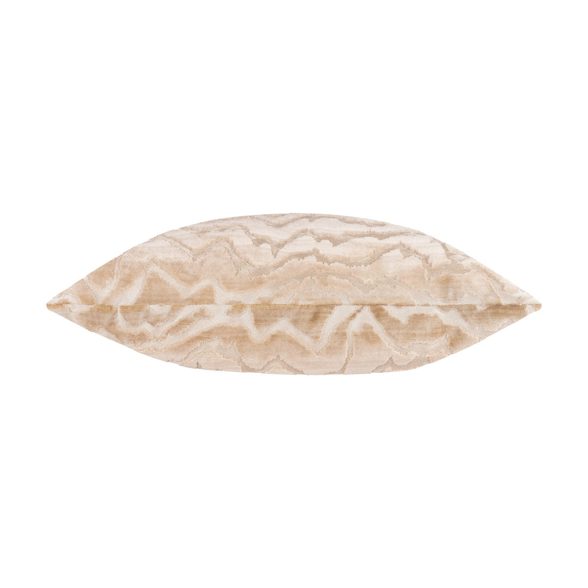 Tierra Abstract Velvet Cushion in taupe, shown side-on to reveal its plump shape and raised wavy pattern on plain velvet, against a white background.