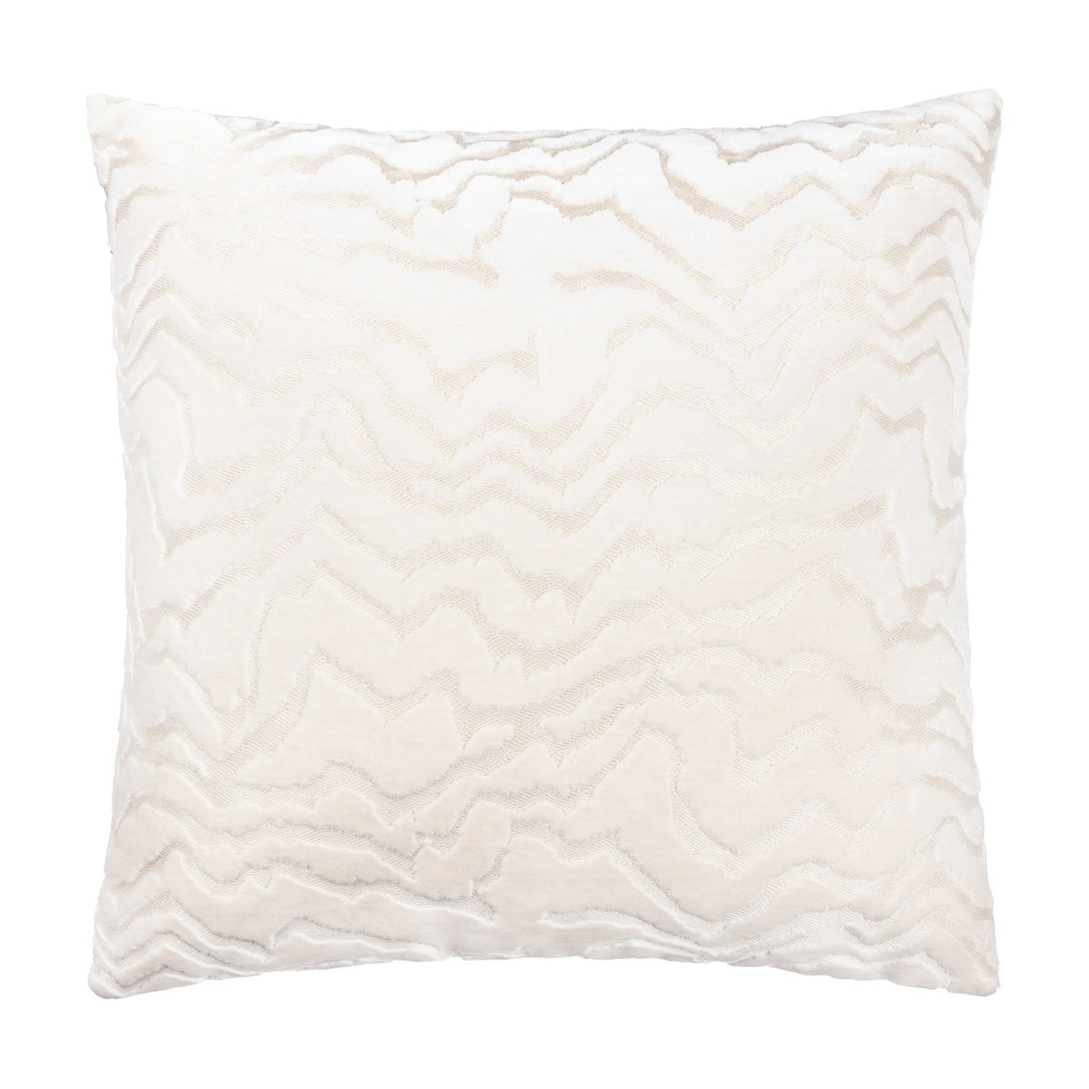 Tierra Abstract Velvet Cushion in white, square with cut-velvet chevron pattern creating raised ridges and sheen, shown on a plain white background.