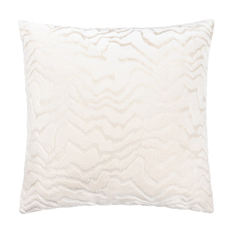 Tierra Abstract Velvet Cushion in white, square with cut-velvet chevron pattern creating raised ridges and sheen, shown on a plain white background.