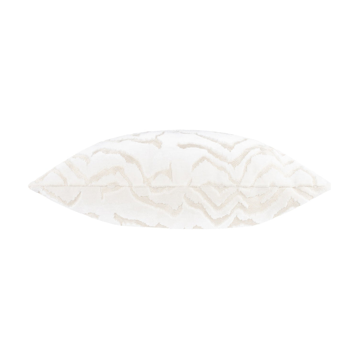 Tierra Abstract Velvet Cushion in white, shown side-on with square shape and raised abstract cut-velvet ridge pattern, on a plain white background.
