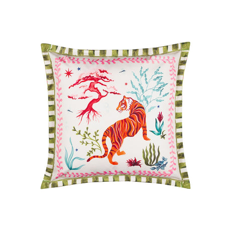 Tiger Dream square cushion in cream with an orange and red tiger among coral branches and blue fronds, bordered by a pink vine and green striped edge.