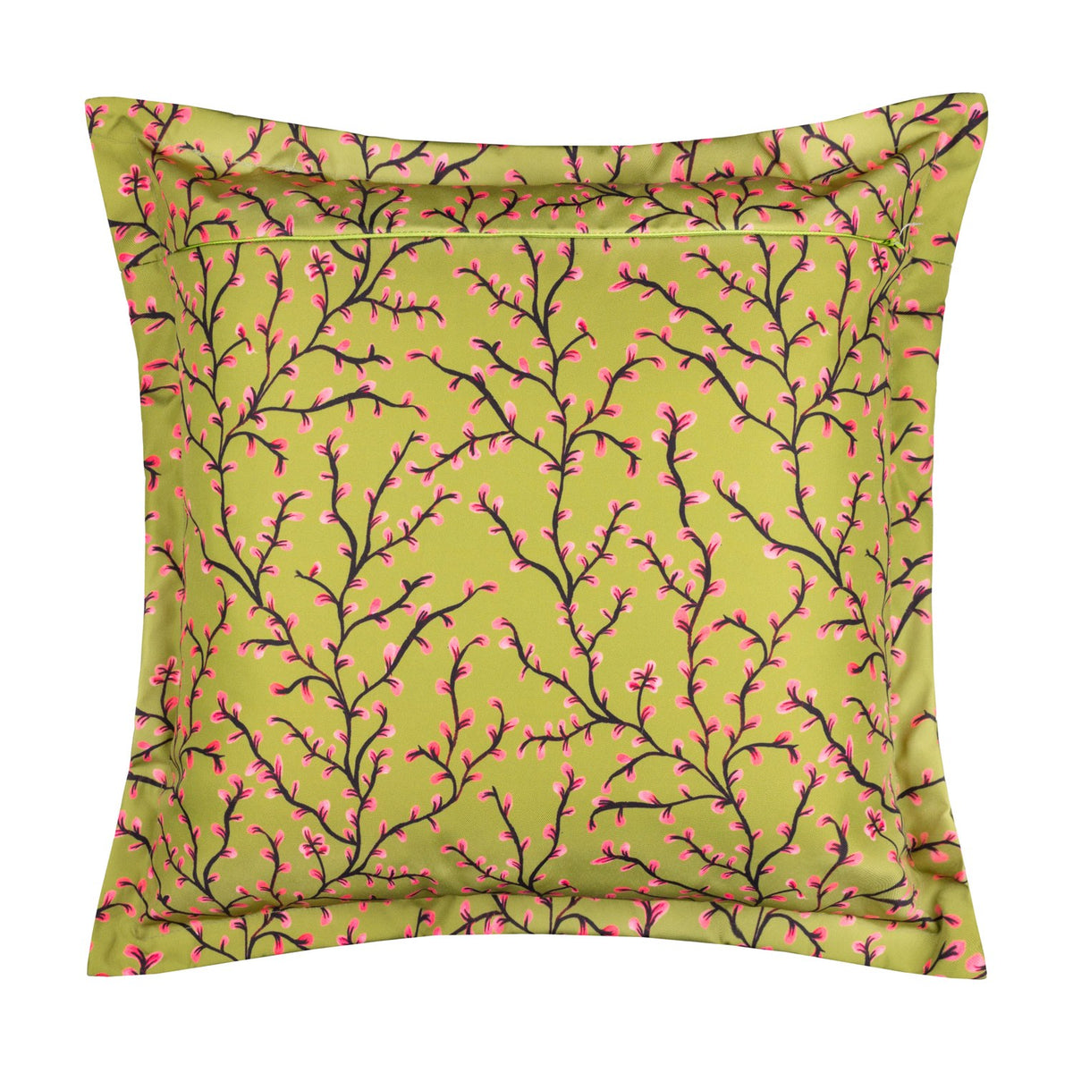 Tiger Dream reversible polyester cushion shown on its olive green reverse side with a repeat pattern of pink budding branches, square shape, plain white background.