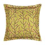 Tiger Dream reversible polyester cushion shown on its olive green reverse side with a repeat pattern of pink budding branches, square shape, plain white background.