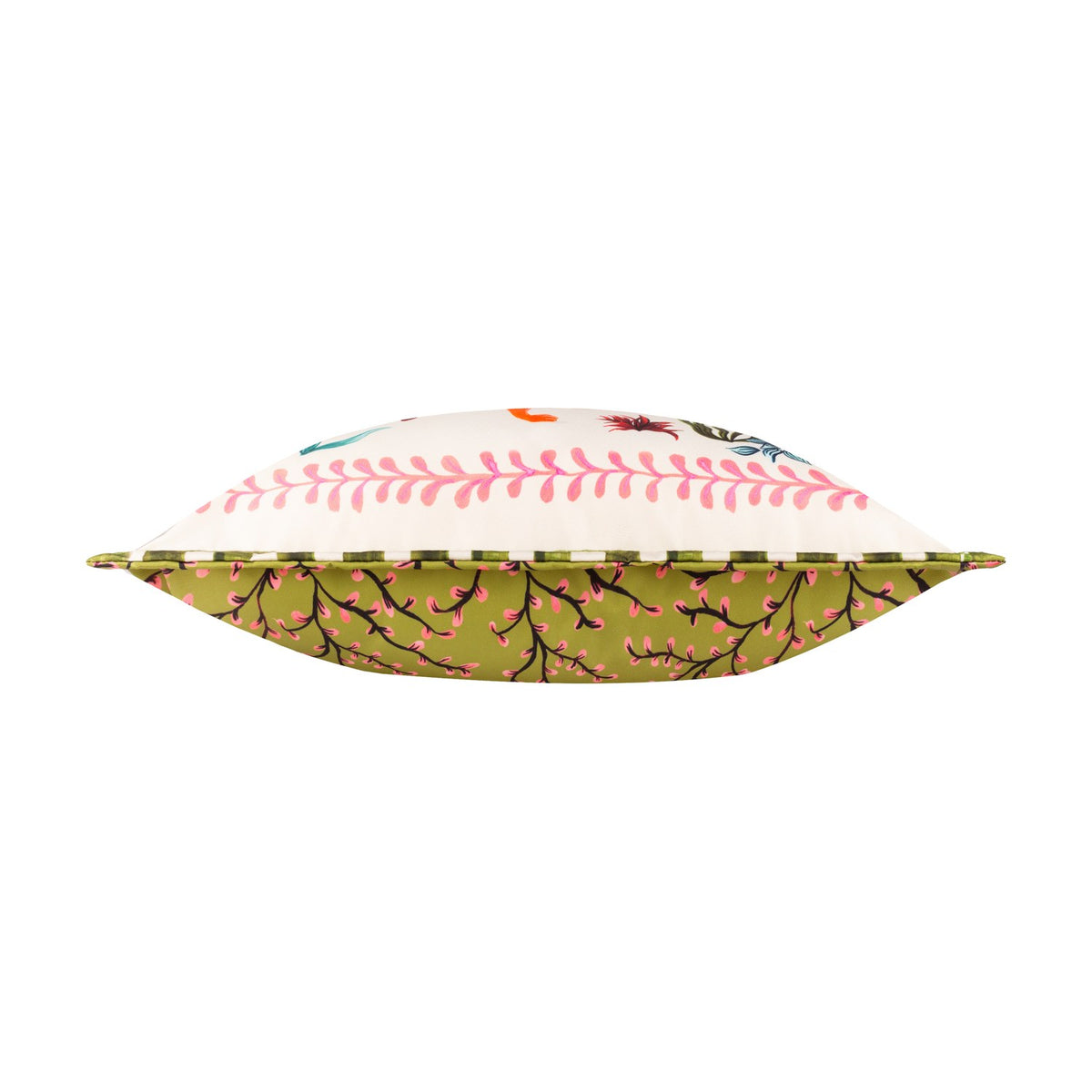 Side view of the Tiger Dream reversible polyester cushion, showing cream floral fabric on one edge and olive green branch-print fabric on the other, on a white background.