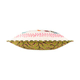 Side view of the Tiger Dream reversible polyester cushion, showing cream floral fabric on one edge and olive green branch-print fabric on the other, on a white background.