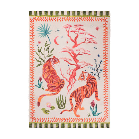 Multi-colored Tiger Dream Jungle polyester rug with two orange tigers, a coral-pink tree, moon, stars, dragonflies, and a green-striped border with an orange leaf trail.