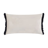 Tilly Plain Velvet Cushion in lace-cream velvet with a black frilled edge on the shorter sides, rectangular bolster shape on a plain white background.