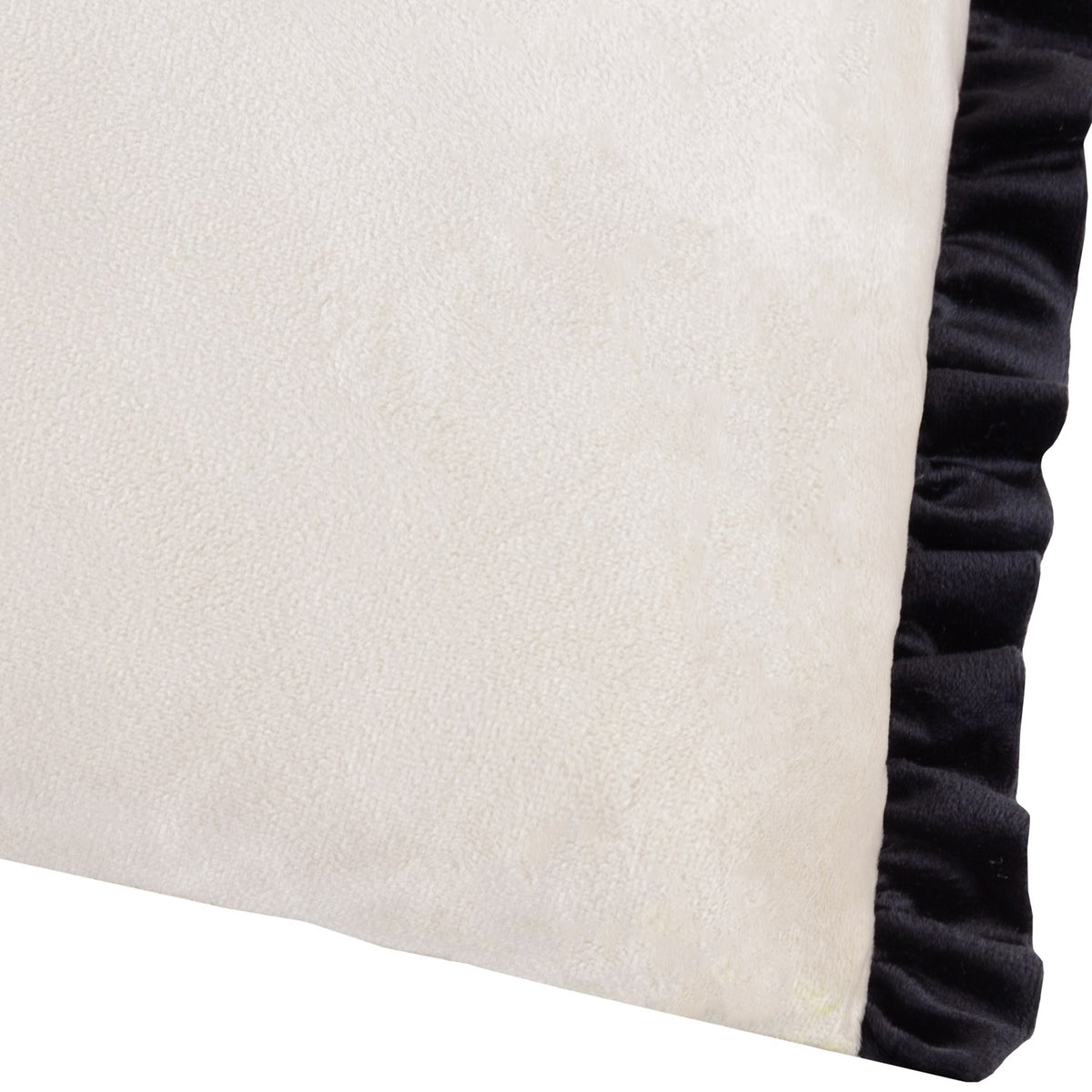 Tilly plain velvet cushion in lace-cream with a black ruffled frill edge, close-up view showing the soft velvet texture and contrast trim.