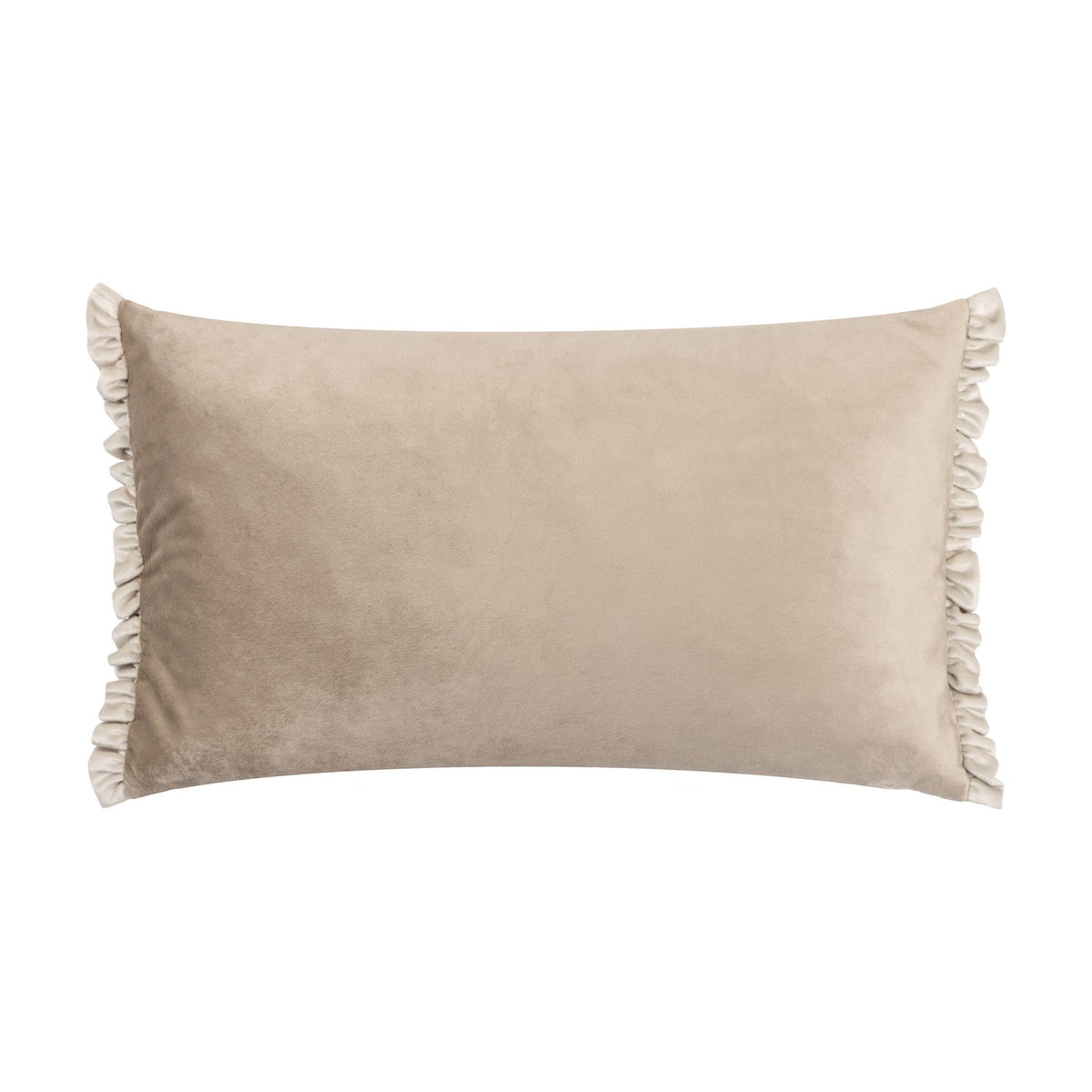 Tilly Reversible Velvet Cushion in Oyster, a rectangular lumbar cushion with soft beige velvet fabric and pale frilled edges on both short ends, shown on a plain white background.