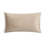 Tilly Reversible Velvet Cushion in Oyster, a rectangular lumbar cushion with soft beige velvet fabric and pale frilled edges on both short ends, shown on a plain white background.