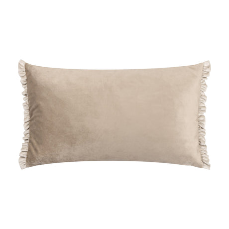 Tilly Reversible Velvet Cushion in Oyster, a rectangular lumbar cushion with soft beige velvet fabric and pale frilled edges on both short ends, shown on a plain white background.
