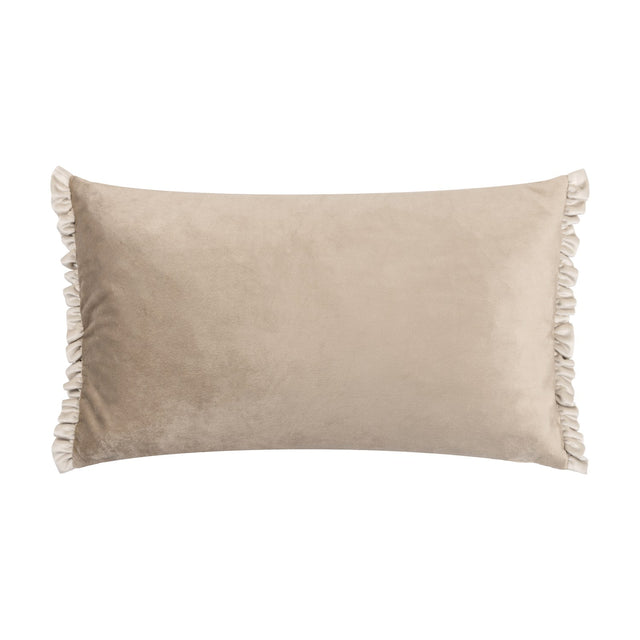 Tilly Reversible Velvet Cushion in Oyster, a rectangular lumbar cushion with soft beige velvet fabric and pale frilled edges on both short ends, shown on a plain white background.