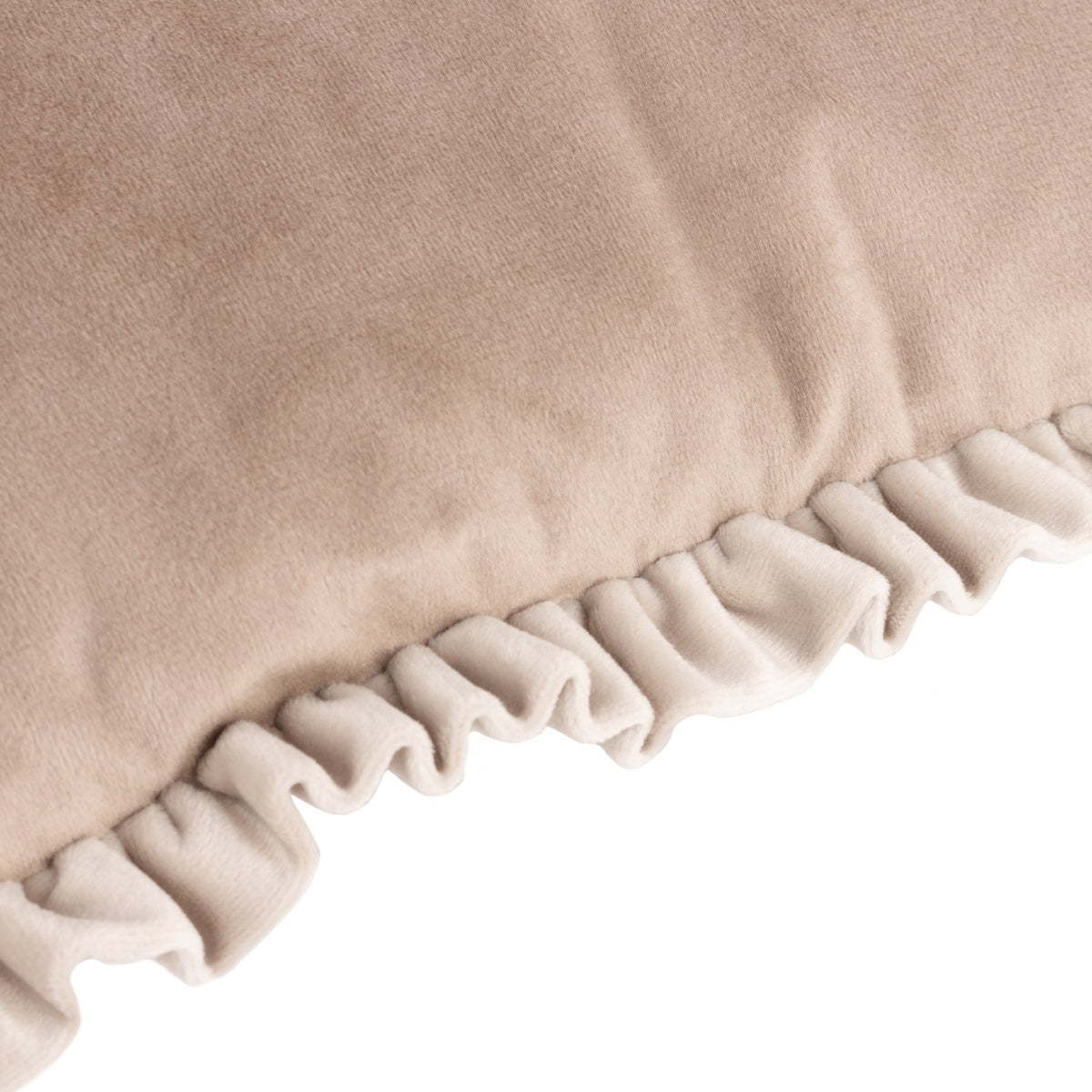 Close-up of the Tilly reversible velvet cushion in Oyster, showing beige velvet fabric with a paler cream ruffled frill edge on a plain white background.