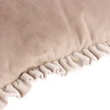 Close-up of the Tilly reversible velvet cushion in Oyster, showing beige velvet fabric with a paler cream ruffled frill edge on a plain white background.