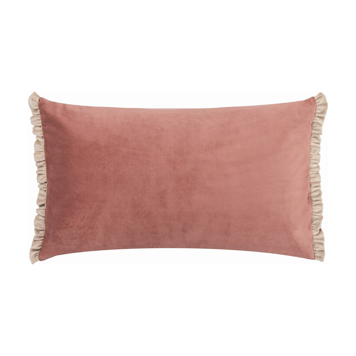 Tilly reversible velvet cushion in dusty pink with cream ruffled trim along the short edges, rectangular bolster shape, shown on a plain white background.