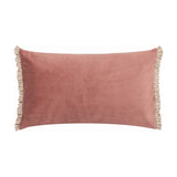 Tilly reversible velvet cushion in dusty pink with cream ruffled trim along the short edges, rectangular bolster shape, shown on a plain white background.
