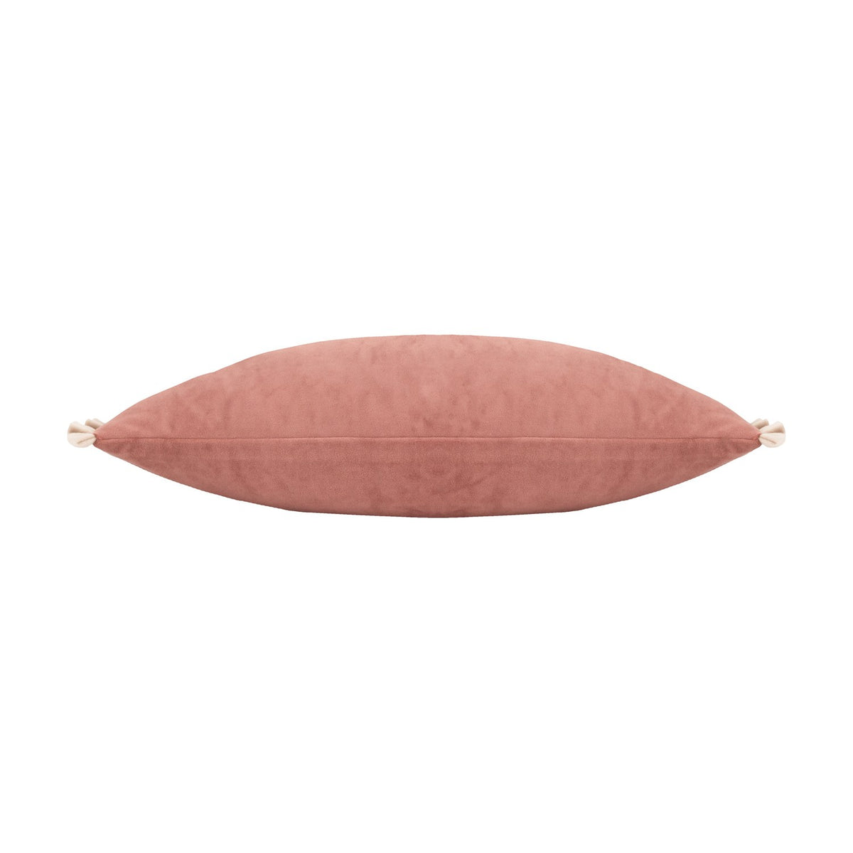 Tilly reversible velvet bolster cushion in dusty pink with cream corner ties, long rectangular shape on a plain white background.