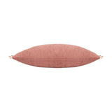 Tilly reversible velvet bolster cushion in dusty pink with cream corner ties, long rectangular shape on a plain white background.