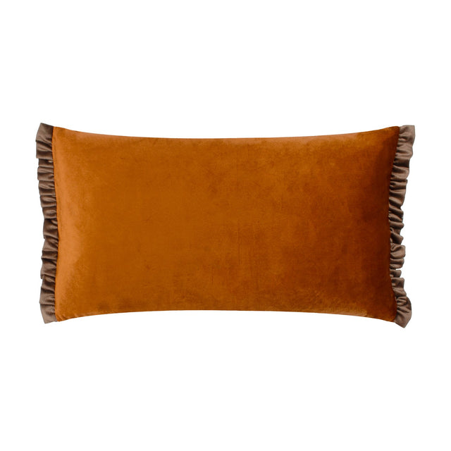 Tilly Reversible Velvet Cushion in rust-orange velvet with a frilled taupe side edge, rectangular shape, shown on a plain white background.