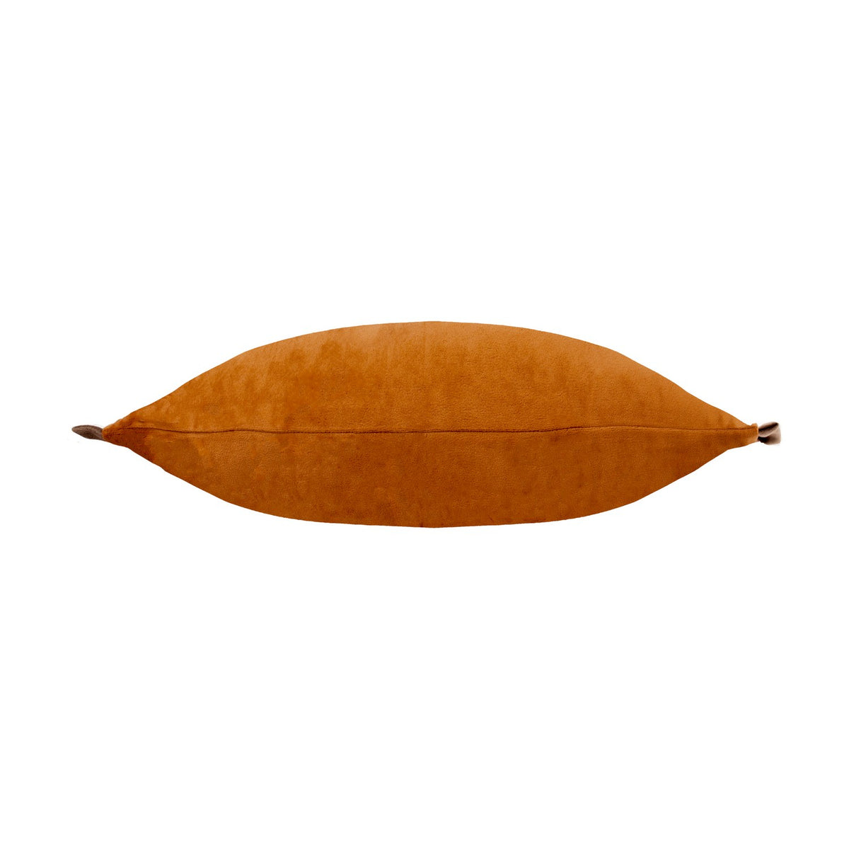 Tilly Reversible Velvet Cushion in rust orange, long rectangular bolster shape with frilled side edges, shown side-on against a plain white background.