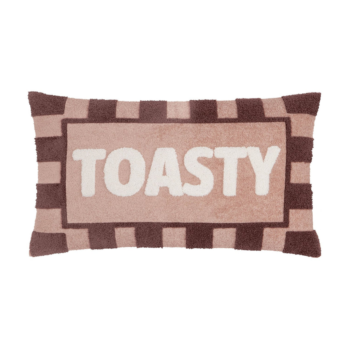 Rectangular lumbar cushion in pink and chocolate striped boucle texture, with "TOASTY" embroidered in cream lettering across the centre panel, shown on a white background.