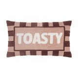 Rectangular lumbar cushion in pink and chocolate striped boucle texture, with "TOASTY" embroidered in cream lettering across the centre panel, shown on a white background.