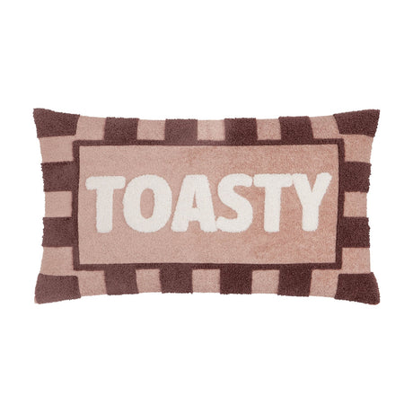 Rectangular lumbar cushion in pink and chocolate striped boucle texture, with "TOASTY" embroidered in cream lettering across the centre panel, shown on a white background.